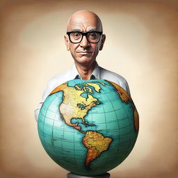 A high-quality digital art depicts a man with a prominent head, standing confidently atop a globe