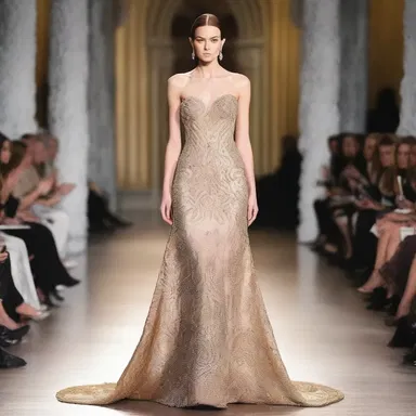 The fashion designer showcased a stunning evening gown adorned with intricate beadwork, which was an exquisite present for the runway show.