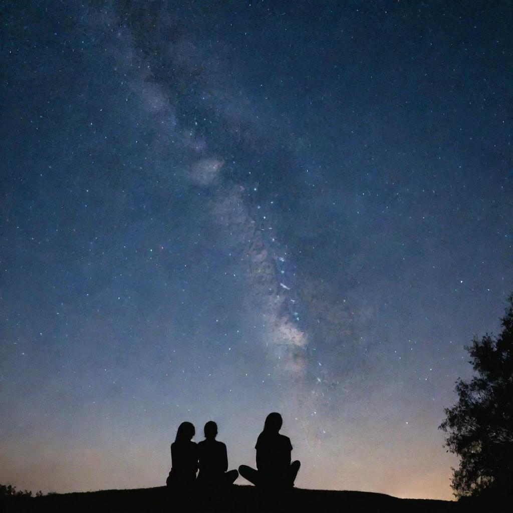 A serene, star-sprinkled night sky with silhouettes of people gazing up in wonder