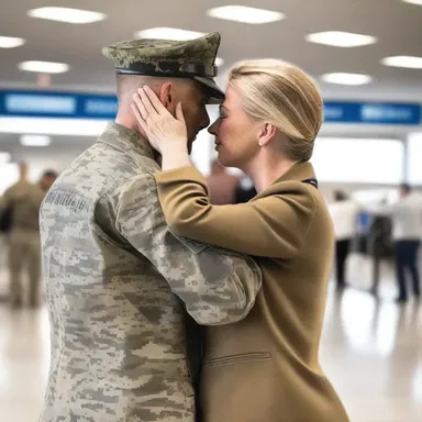 As the soldier returned home from war, his partner eagerly awaited him at the airport and presented a salute to honor his bravery.