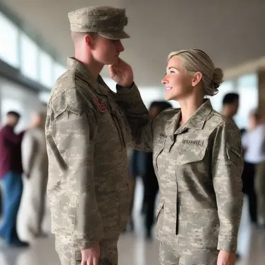 As the soldier returned home from war, his partner eagerly awaited him at the airport and presented a salute to honor his bravery.