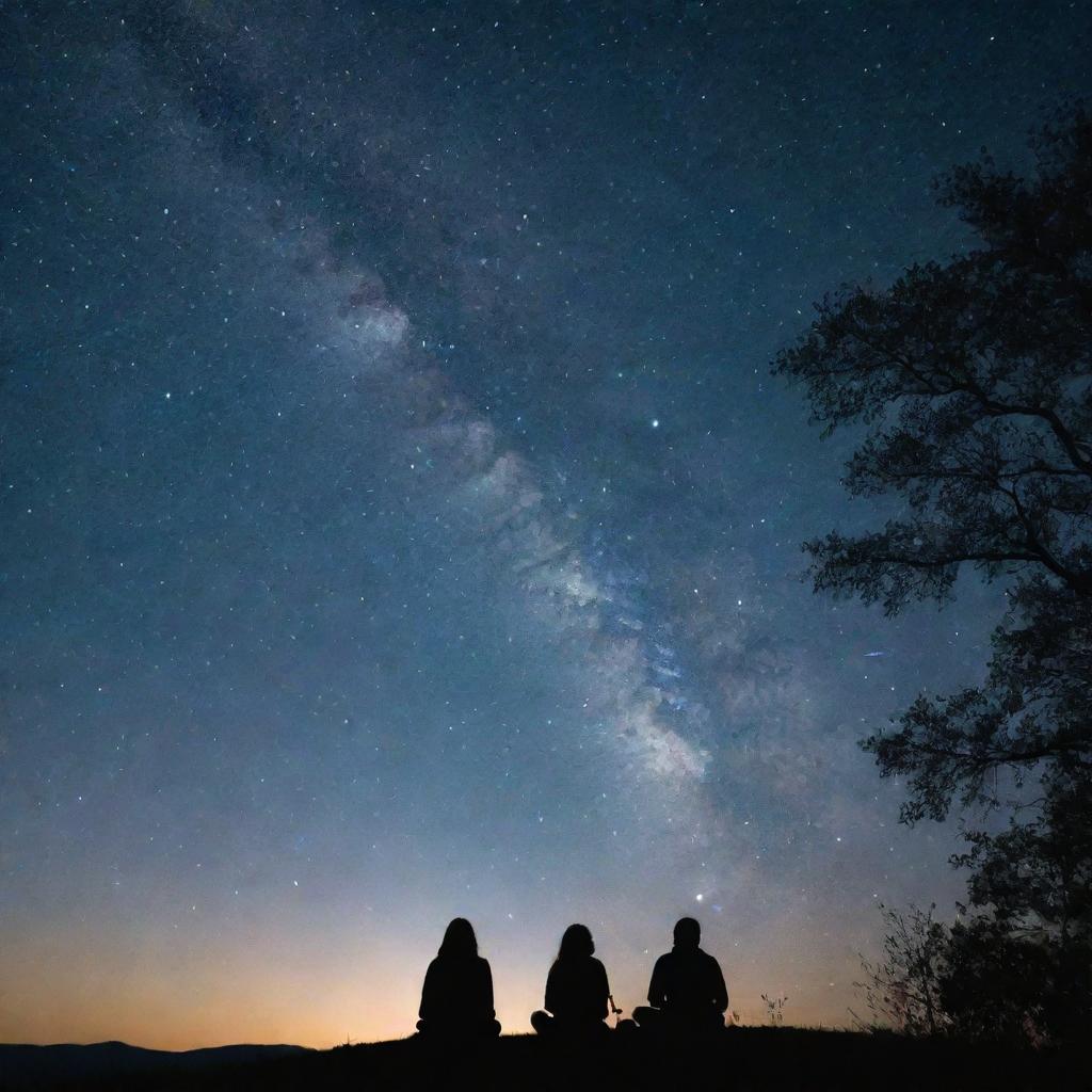 A serene, star-sprinkled night sky with silhouettes of people gazing up in wonder