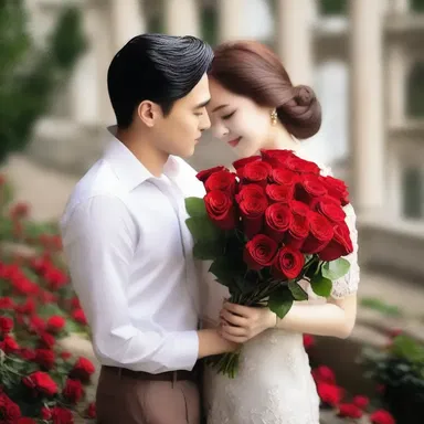 The suitor presented his lover with a bouquet of red roses, expressing his undying love for her.