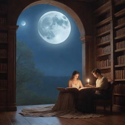 An enchanting fantasy library scene, with a man and woman engrossed in a book, bathed under the tranquil glow of a shining moon.