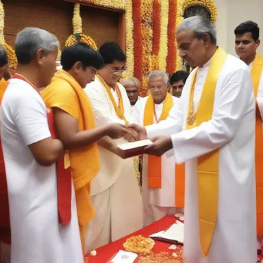 The devotees presented the priest with a sacred book as a present.
