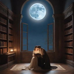 An enchanting fantasy library scene, with a man and woman engrossed in a book, bathed under the tranquil glow of a shining moon.