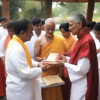 The devotees presented the priest with a sacred book as a present.