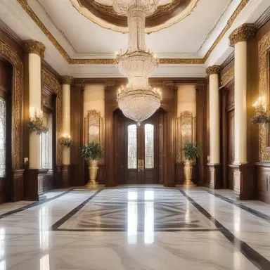 The grand entrance of the mansion is presented with a lavish chandelier and marble floors, creating a sense of opulence.