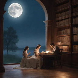 An enchanting fantasy library scene, with a man and woman engrossed in a book, bathed under the tranquil glow of a shining moon.