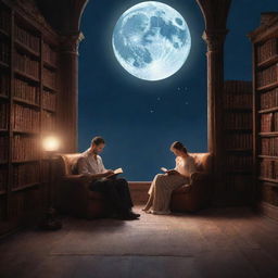 An enchanting fantasy library scene, with a man and woman engrossed in a book, bathed under the tranquil glow of a shining moon.