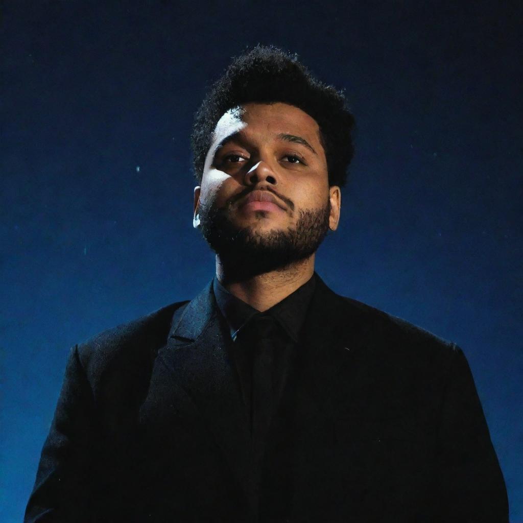 The Weeknd, the renowned singer, standing beneath a mesmerizing, star-filled night sky