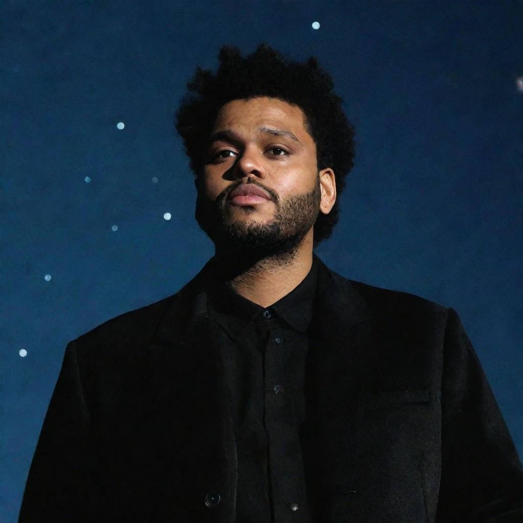 The Weeknd, the renowned singer, standing beneath a mesmerizing, star-filled night sky