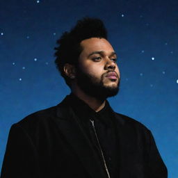 The Weeknd, the renowned singer, standing beneath a mesmerizing, star-filled night sky