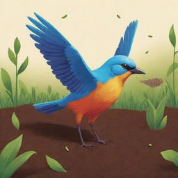 A vibrant cartoon-style scene depicting a bird joyfully scattering seeds on fertile ground.