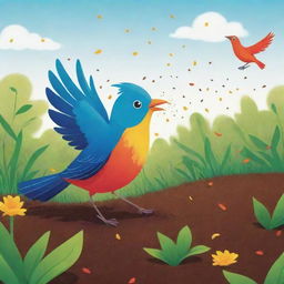 A vibrant cartoon-style scene depicting a bird joyfully scattering seeds on fertile ground.