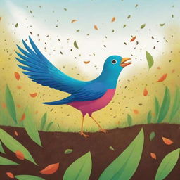 A vibrant cartoon-style scene depicting a bird joyfully scattering seeds on fertile ground.