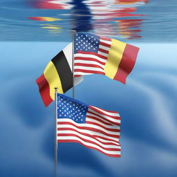 A high-definition digital art image showing the American and Belgian flags intertwined, floating gently on the surface of the water