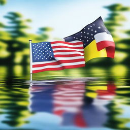 A high-definition digital art image showing the American and Belgian flags intertwined, floating gently on the surface of the water