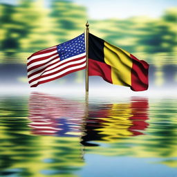 A high-definition digital art image showing the American and Belgian flags intertwined, floating gently on the surface of the water