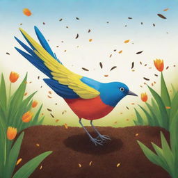 A vibrant cartoon-style scene depicting a bird joyfully scattering seeds on fertile ground.