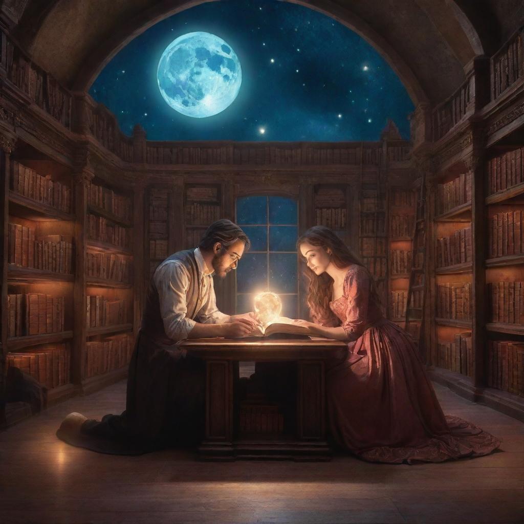 A charming man and woman delve into a book in a magical fantasy library, all under the celestial showcase of a glowing moon.