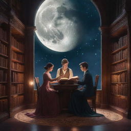 A charming man and woman delve into a book in a magical fantasy library, all under the celestial showcase of a glowing moon.