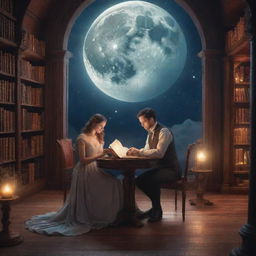 A charming man and woman delve into a book in a magical fantasy library, all under the celestial showcase of a glowing moon.