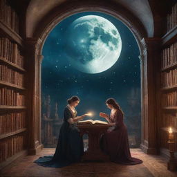 A charming man and woman delve into a book in a magical fantasy library, all under the celestial showcase of a glowing moon.