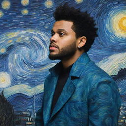 The Weeknd, amidst Van Gogh's iconic Starry Night painting, mingling the swirls of the vibrant sky with his distinct style.