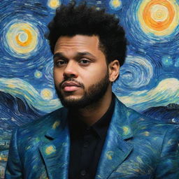 The Weeknd, amidst Van Gogh's iconic Starry Night painting, mingling the swirls of the vibrant sky with his distinct style.