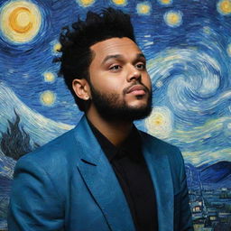 The Weeknd, amidst Van Gogh's iconic Starry Night painting, mingling the swirls of the vibrant sky with his distinct style.