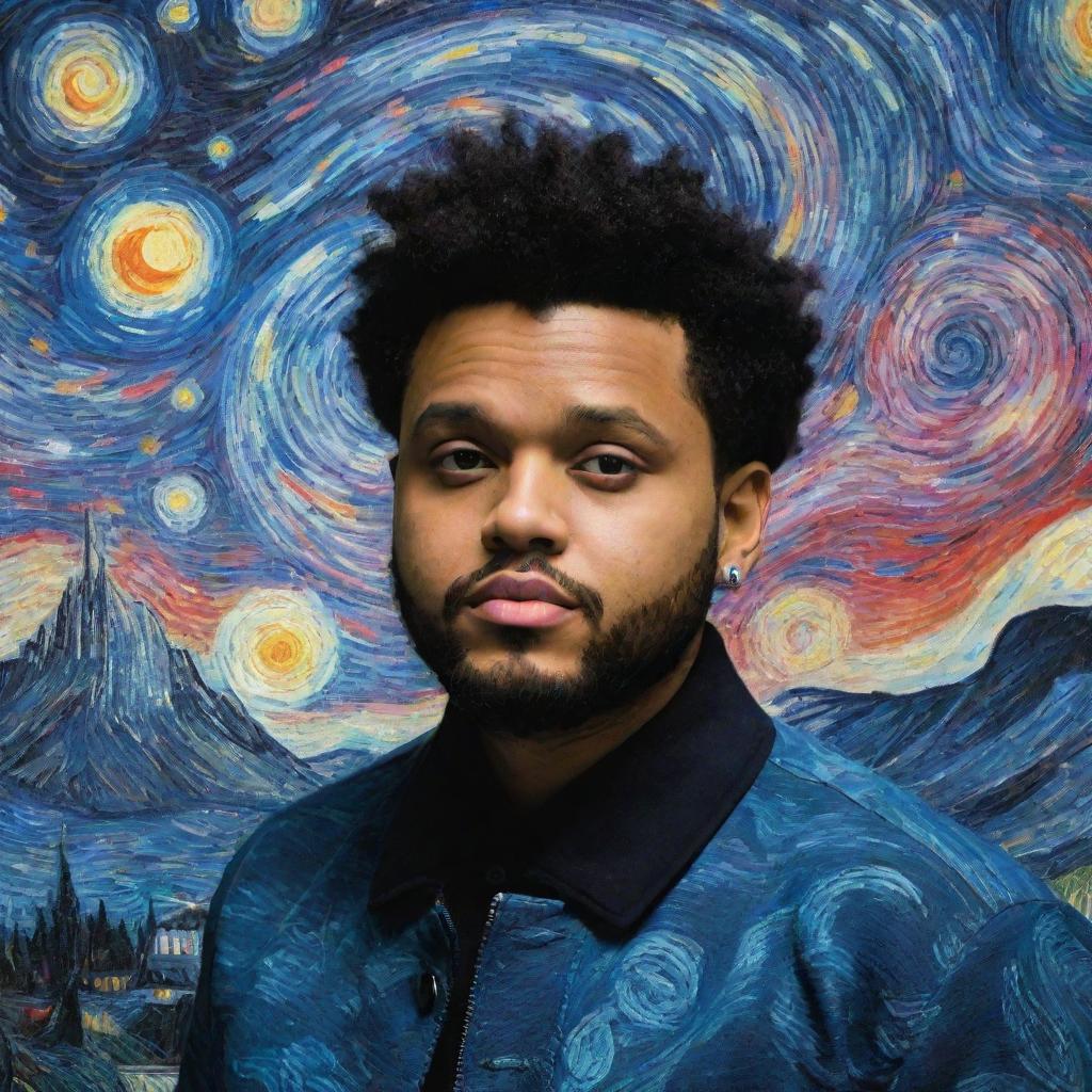 The Weeknd, amidst Van Gogh's iconic Starry Night painting, mingling the swirls of the vibrant sky with his distinct style.