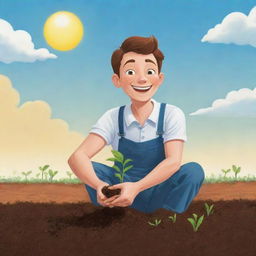 A charming cartoon of a young man cheerfully planting a seed in fertile soil underneath a sunny sky.