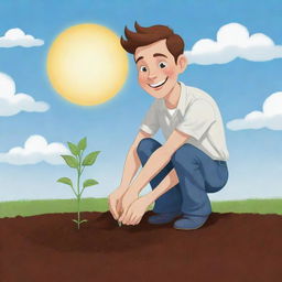 A charming cartoon of a young man cheerfully planting a seed in fertile soil underneath a sunny sky.