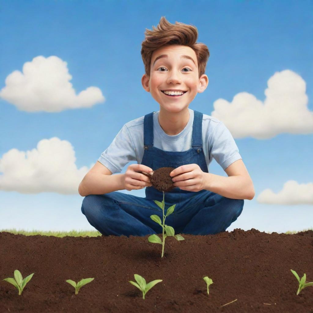 A charming cartoon of a young man cheerfully planting a seed in fertile soil underneath a sunny sky.