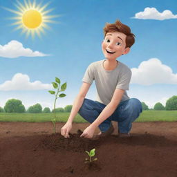 A charming cartoon of a young man cheerfully planting a seed in fertile soil underneath a sunny sky.