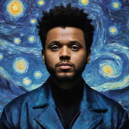 The Weeknd as his Starboy persona, set within Van Gogh's Starry Night, drawing parallels between the vibrant painted cosmos and his electrifying music.