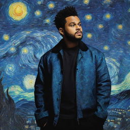 The Weeknd as his Starboy persona, set within Van Gogh's Starry Night, drawing parallels between the vibrant painted cosmos and his electrifying music.