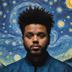 The Weeknd as his Starboy persona, set within Van Gogh's Starry Night, drawing parallels between the vibrant painted cosmos and his electrifying music.