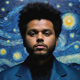 The Weeknd as his Starboy persona, set within Van Gogh's Starry Night, drawing parallels between the vibrant painted cosmos and his electrifying music.