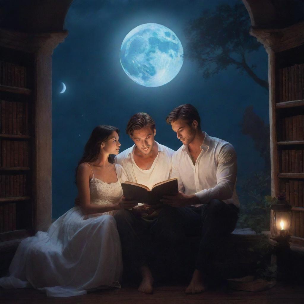 A fantasy library scene showcasing an attractive man and a beautiful woman engrossed in reading a book under the mystical moonlight.