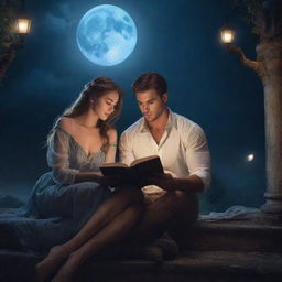 A fantasy library scene showcasing an attractive man and a beautiful woman engrossed in reading a book under the mystical moonlight.