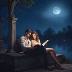 A fantasy library scene showcasing an attractive man and a beautiful woman engrossed in reading a book under the mystical moonlight.