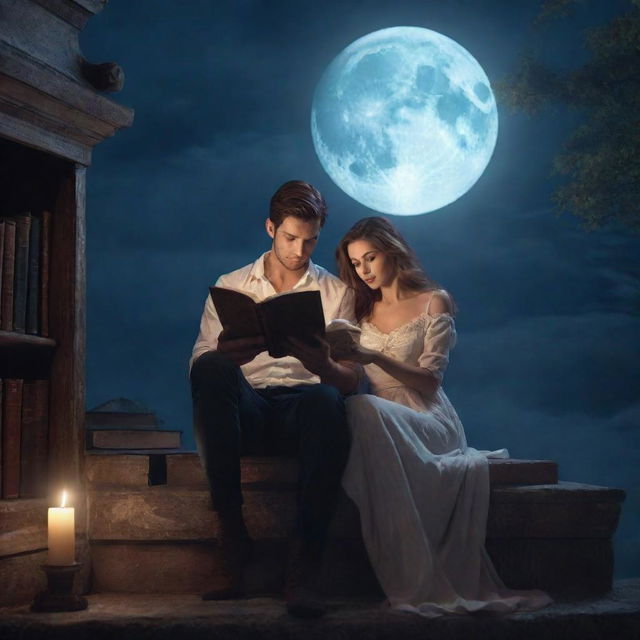 A fantasy library scene showcasing an attractive man and a beautiful woman engrossed in reading a book under the mystical moonlight.