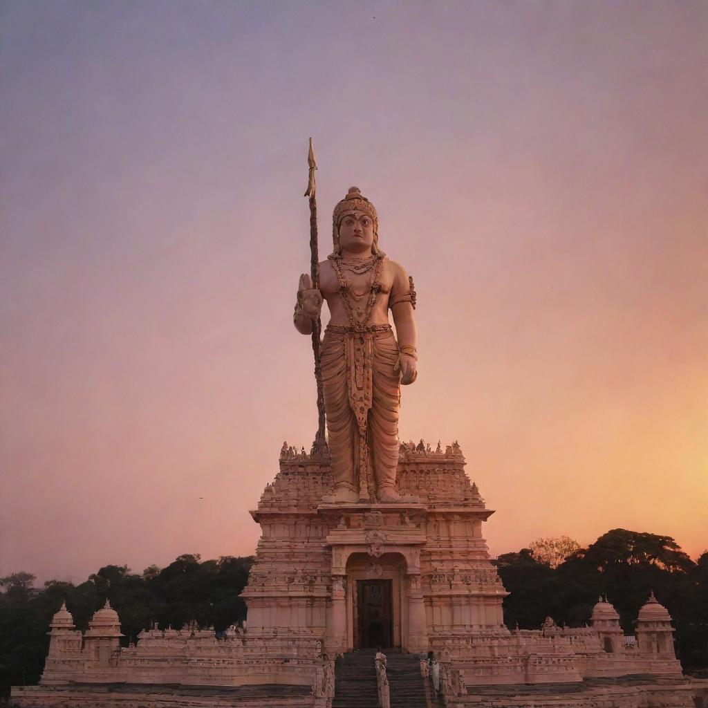 Ayodhya with Shree Ram statue; majestic, under a sky painted by sunset hues, surrounded by tranquility and devotion