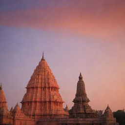 Ayodhya with Shree Ram statue; majestic, under a sky painted by sunset hues, surrounded by tranquility and devotion