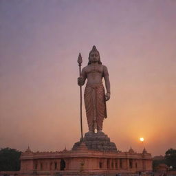 Ayodhya with Shree Ram statue; majestic, under a sky painted by sunset hues, surrounded by tranquility and devotion