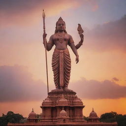 Ayodhya with Shree Ram statue; majestic, under a sky painted by sunset hues, surrounded by tranquility and devotion