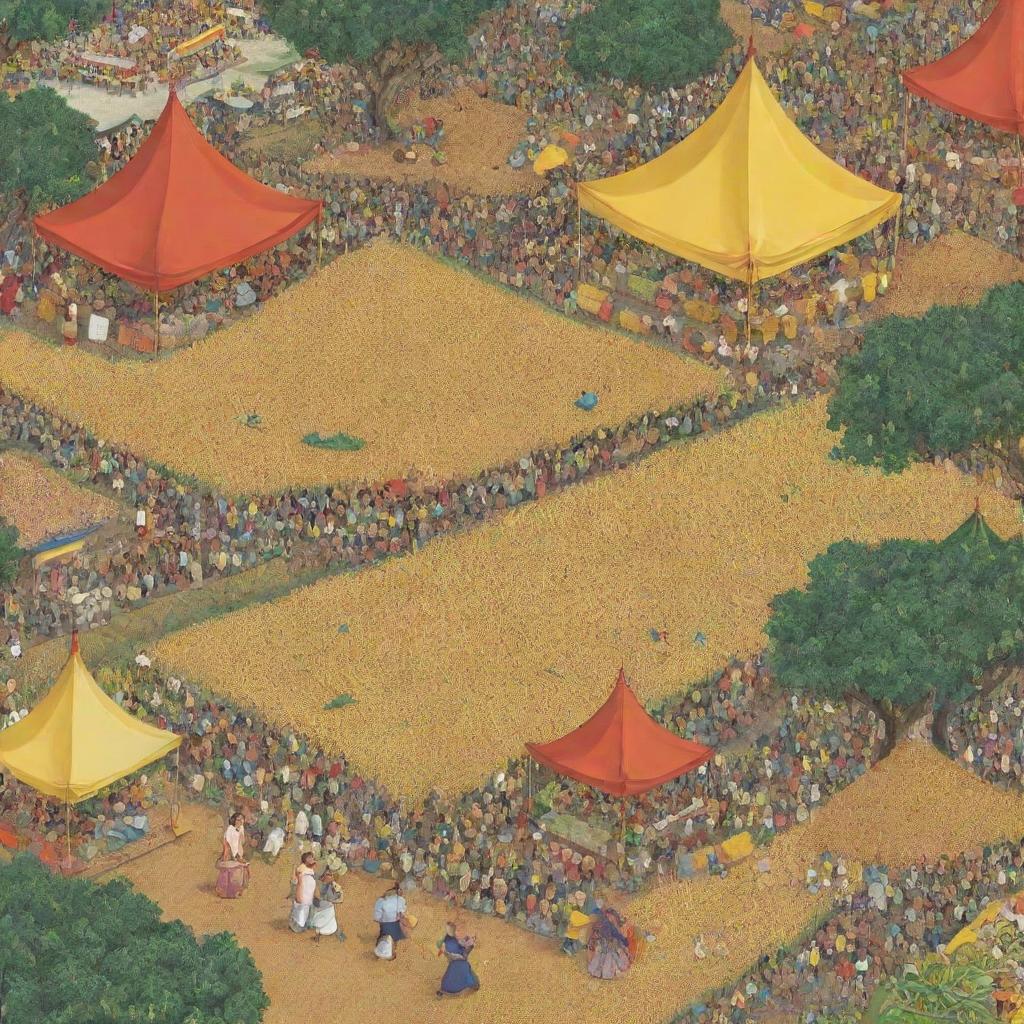 A surreal cartoon illustrating three distinct plants: the first bearing ripe rice grains, the second shimmering with golden nuggets, and the third unfolding into a lively fair with colorful tents and bustling crowds.