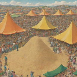 A surreal cartoon illustrating three distinct plants: the first bearing ripe rice grains, the second shimmering with golden nuggets, and the third unfolding into a lively fair with colorful tents and bustling crowds.